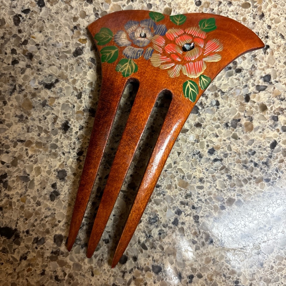 Hand Painted Rose Violet Wood Hair Comb Vintage Accessory Granny Core